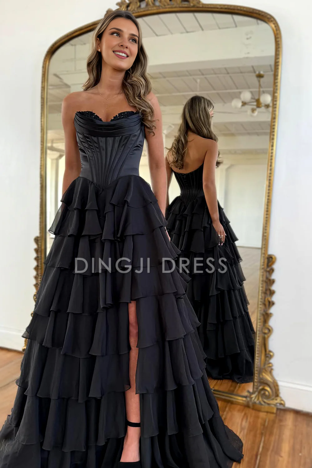 DingJiDress Lovely A-Line Sweetheart Long Tiered with Slit Fashion Prom Dress