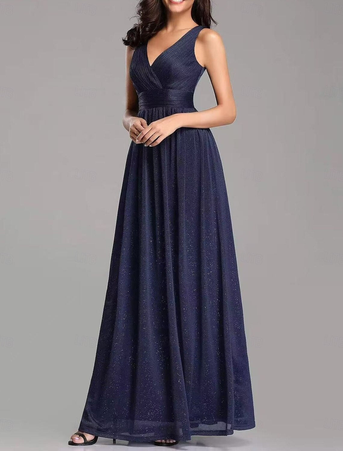 A-Line Wedding Guest Dresses Party Dress Evening Party Prom Floor Length Sleeveless V Neck Cotton Backless with Glitter Ruched
