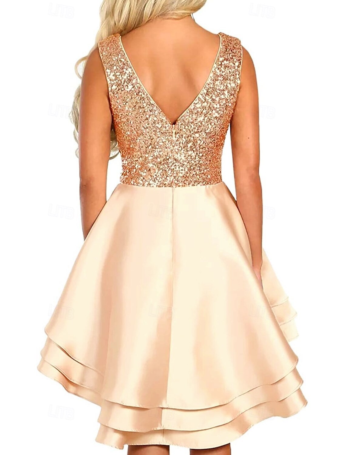 A-Line WE Party Dress Homecoming Dress Cocktail Party Asymmetrical Sleeveless V Neck Pink Dress Satin with Sequin Tiered dress to impress