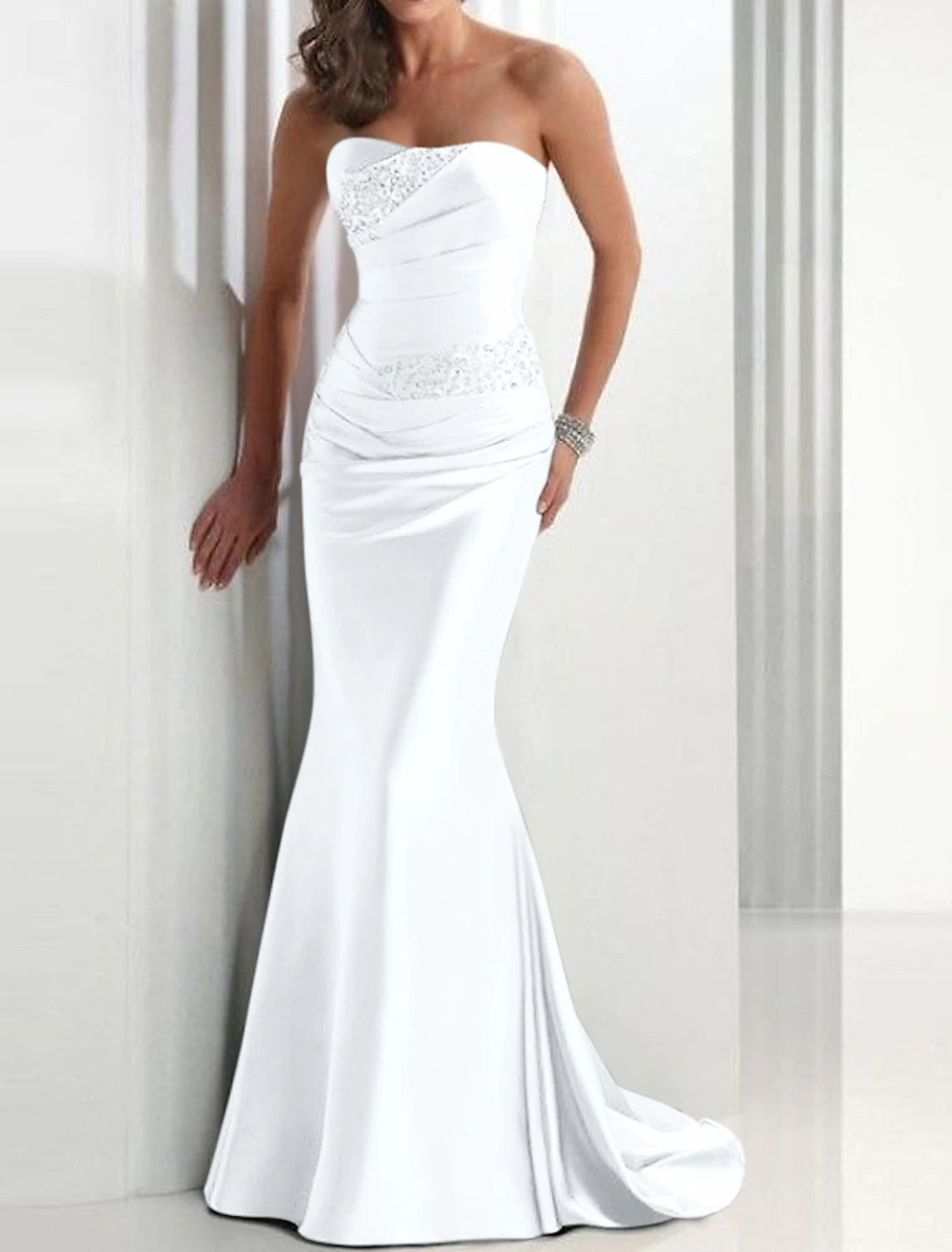 Mermaid Sequin Evening Gown Elegant Dress Wedding Guest Formal Evening Sweep / Brush Train Sleeveless Strapless Satin with Crystals Masquerade Dress dress to impress