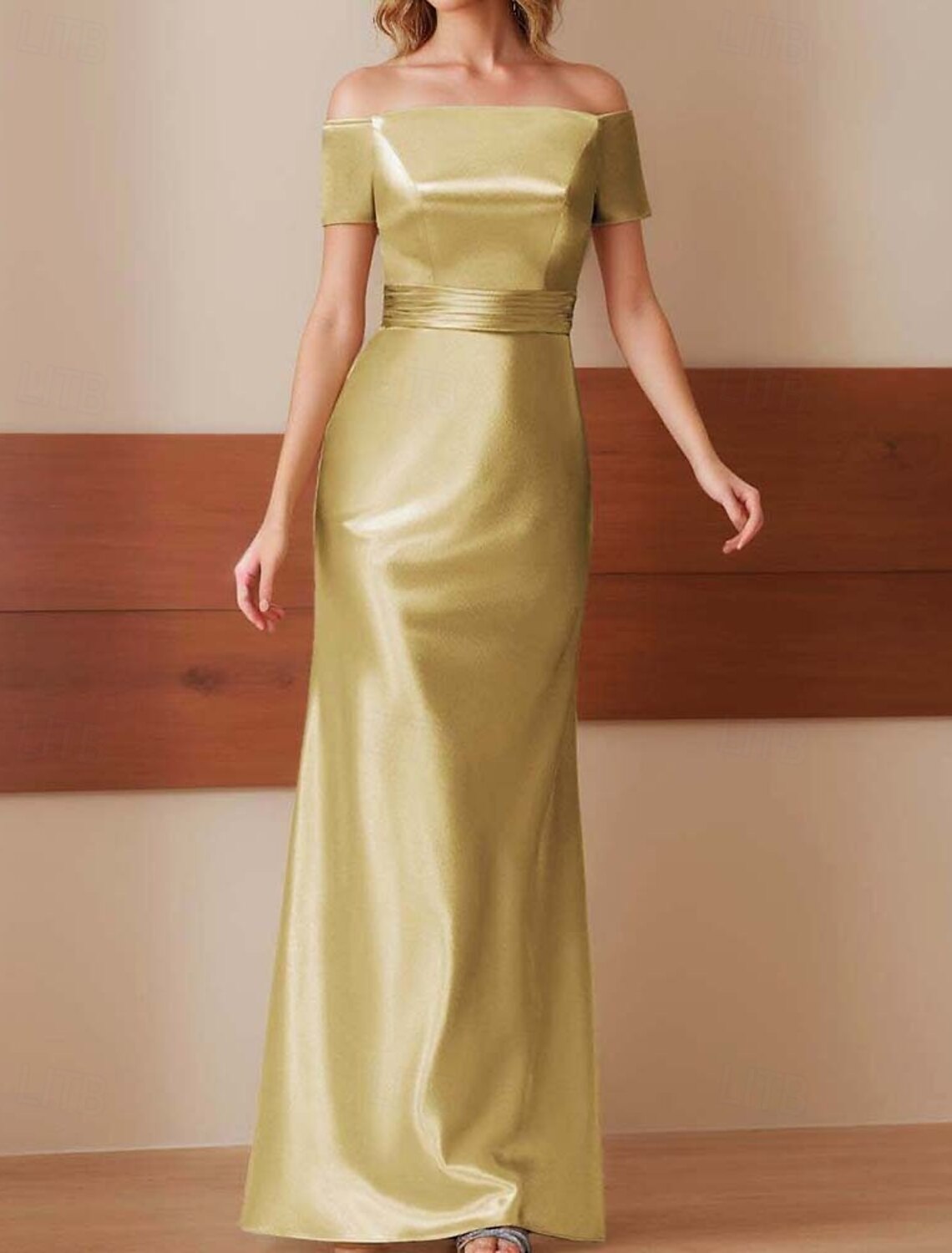 Sheath Column Evening Gown Elegant Dress Formal Performance Floor Length Short Sleeve Off Shoulder Glossy Satin