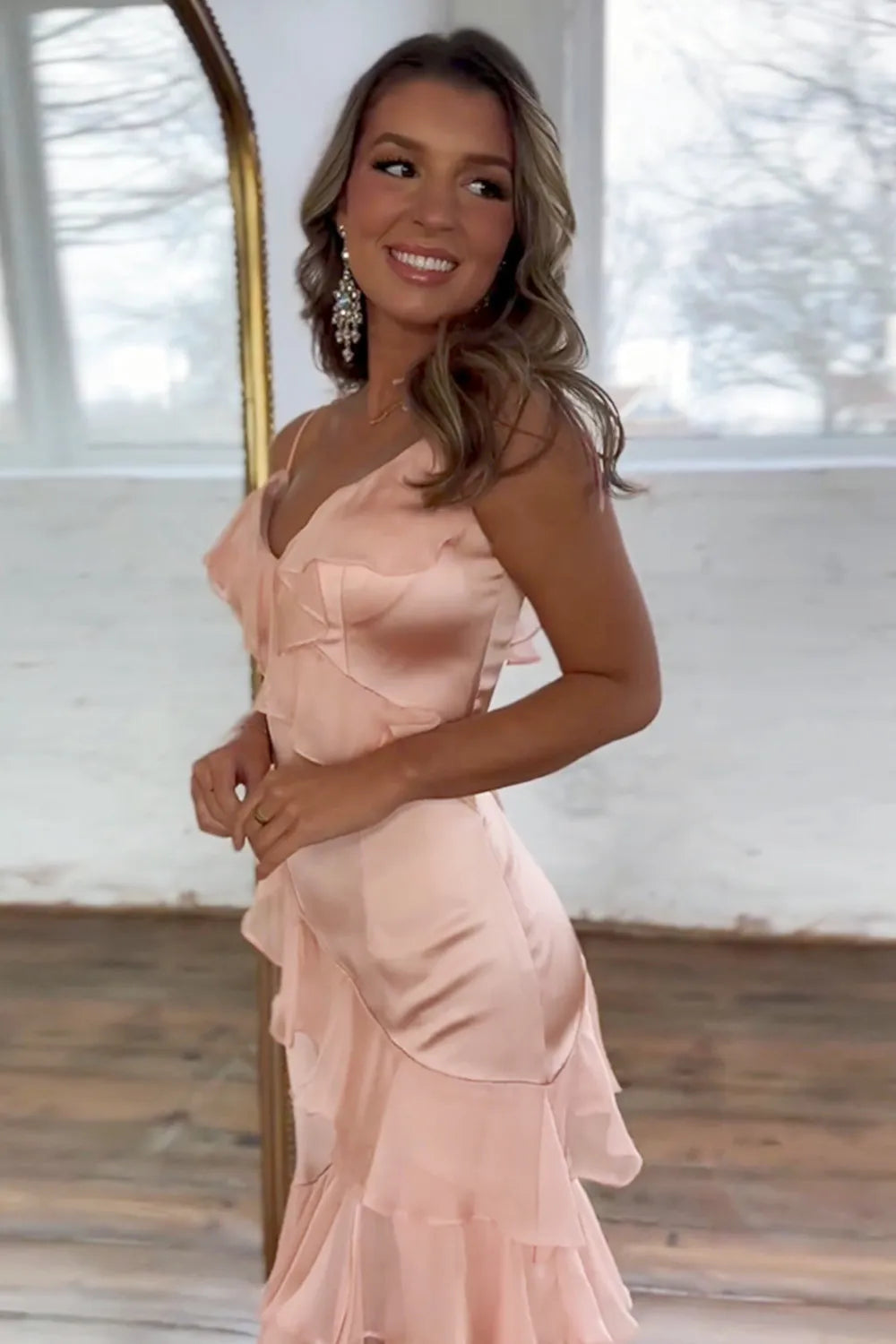 Pink long suspender pleated mermaid party dress