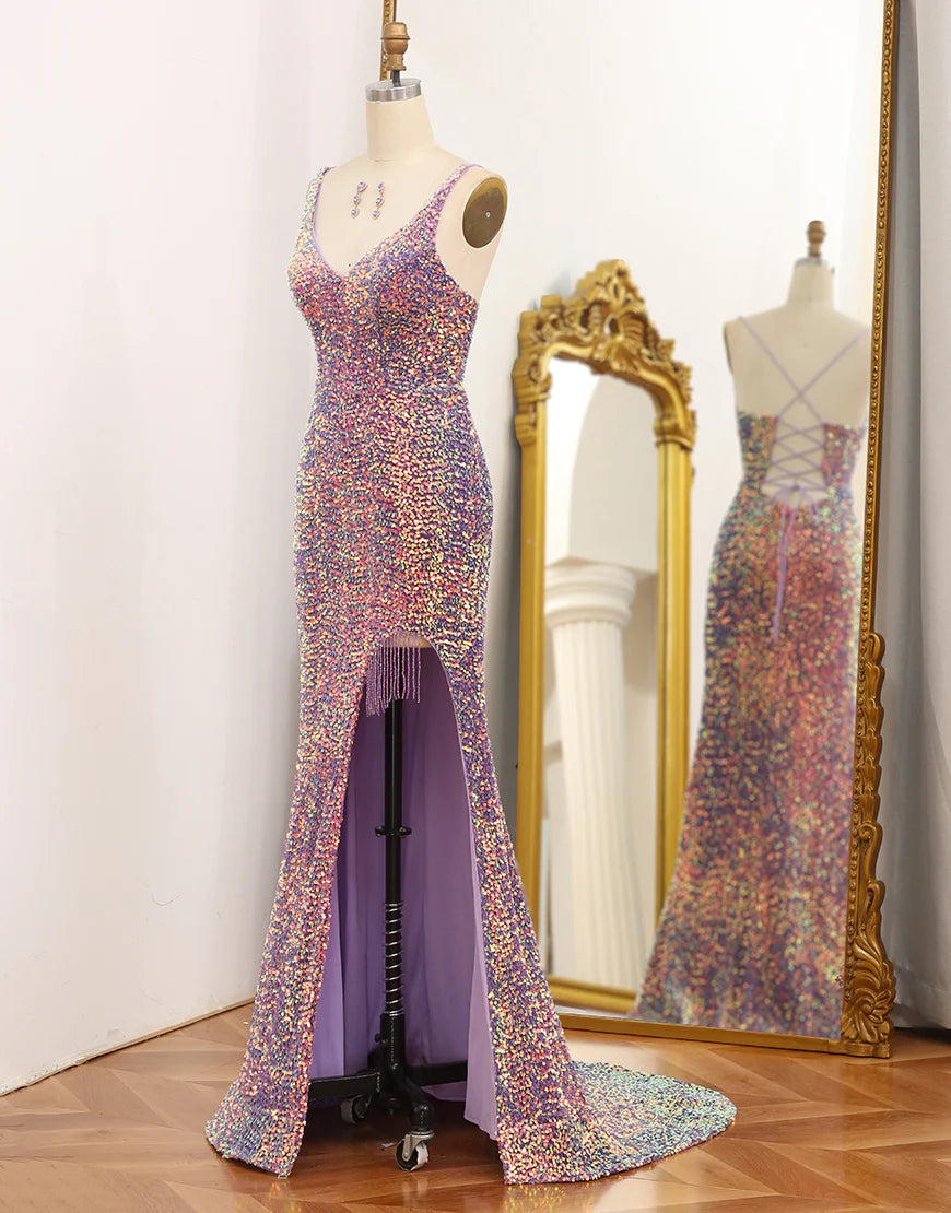 Sparkly Light Purple Lace-Up Back Sequins Long Prom Dress with Fringes