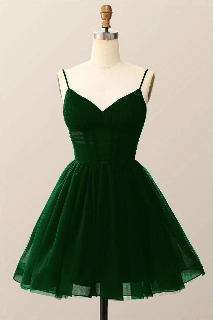 Dark Navy Tulle Spaghetti Strap Sleeveless Pleated A-Line Homecoming Dress