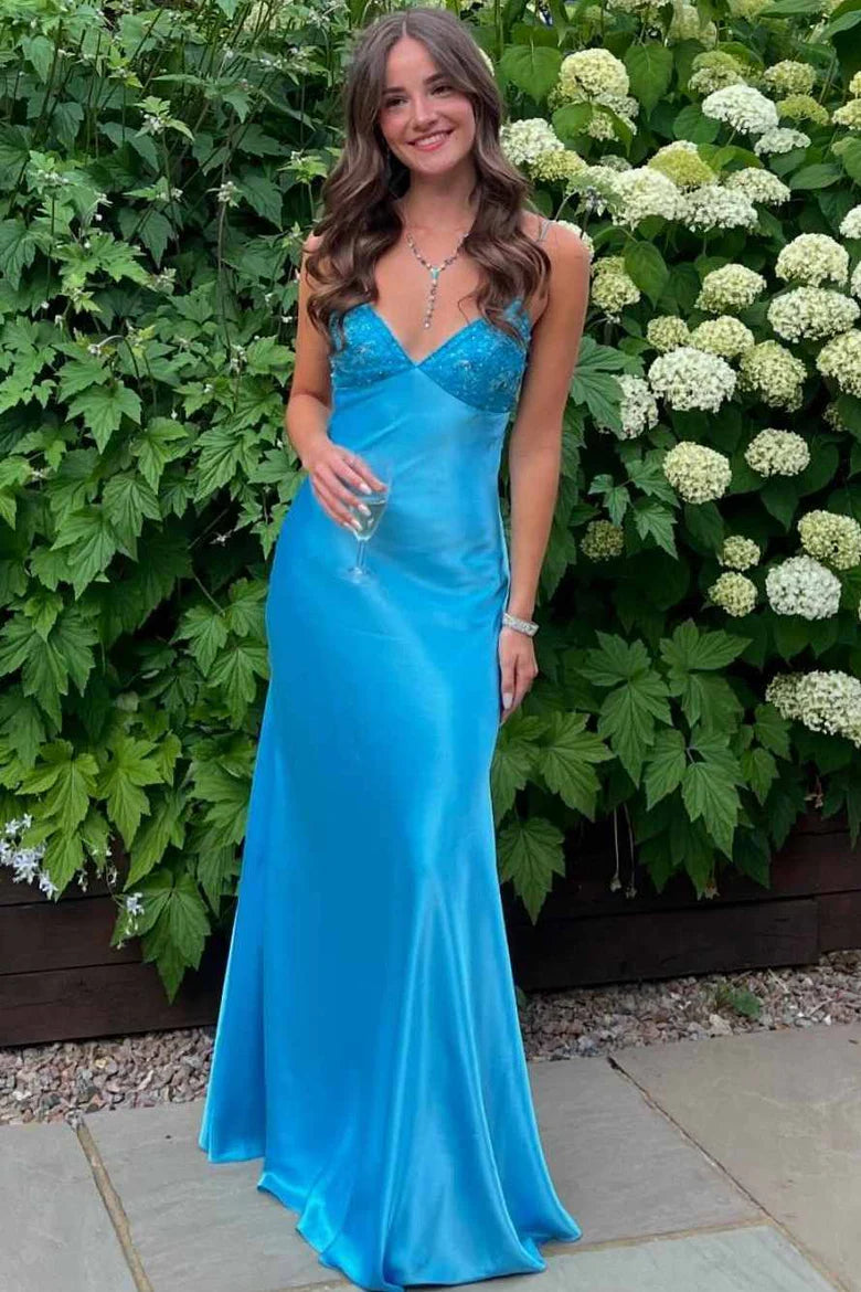 Classy Spaghetti Straps V-Neck Beads Long Prom Dress with Bow