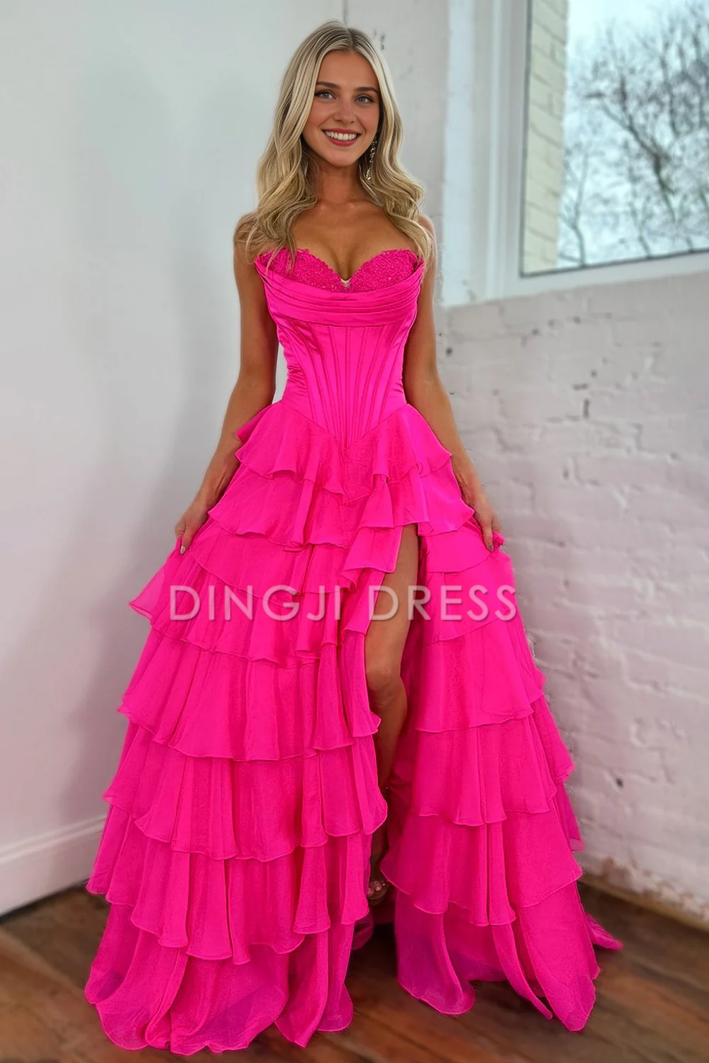 DingJiDress Lovely A-Line Sweetheart Long Tiered with Slit Fashion Prom Dress