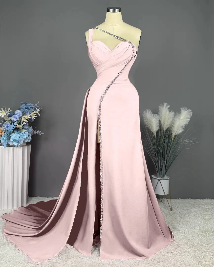 Pink long single shoulder strap with fine beads mopping the floor formal evening dress