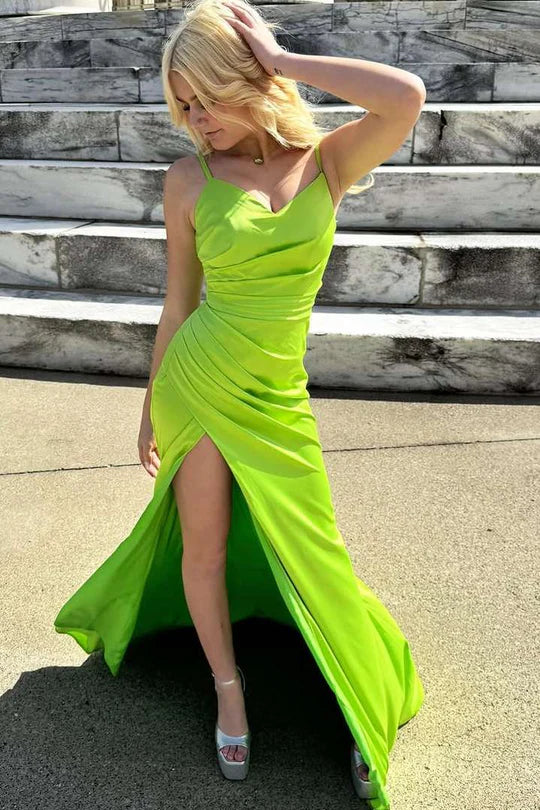 Green Spaghetti Straps V-Neck Satin Pleated Prom Formal Dress with Slit