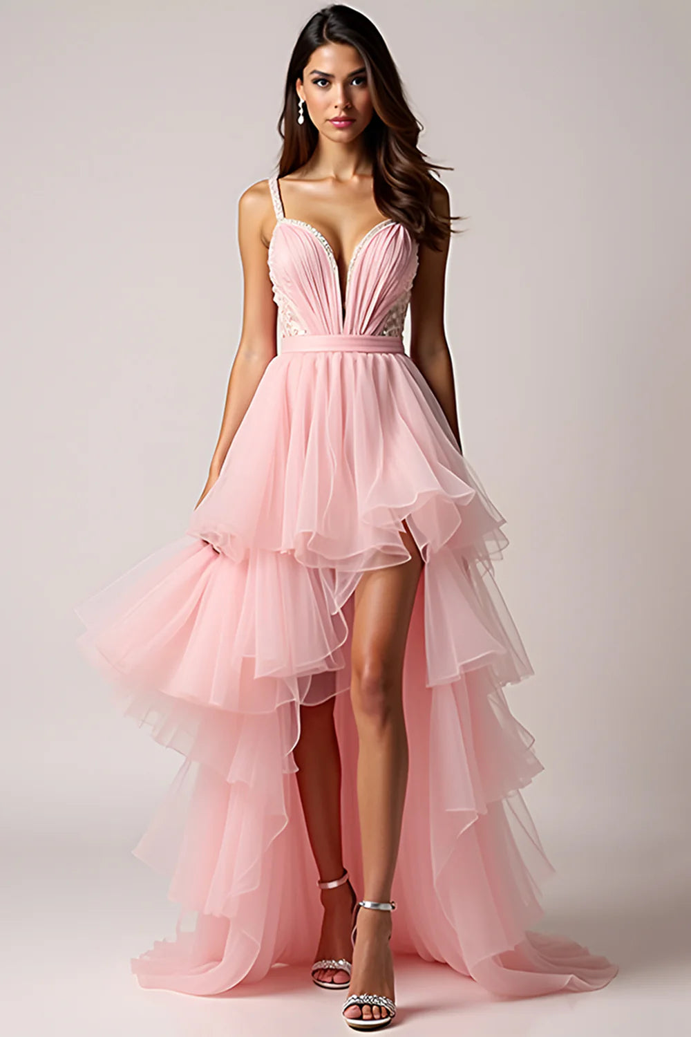 Pink chiffon beaded long asymmetrical ball dress