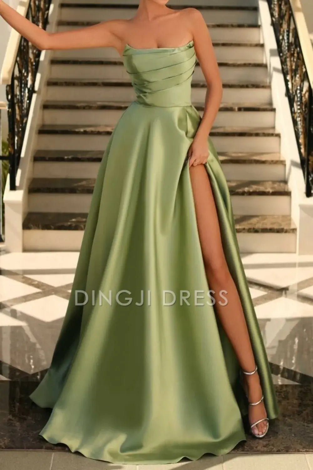 DingJiDress Stunning A-Line Pleated Strapless Long Satin with Slit Elegant Prom Dress