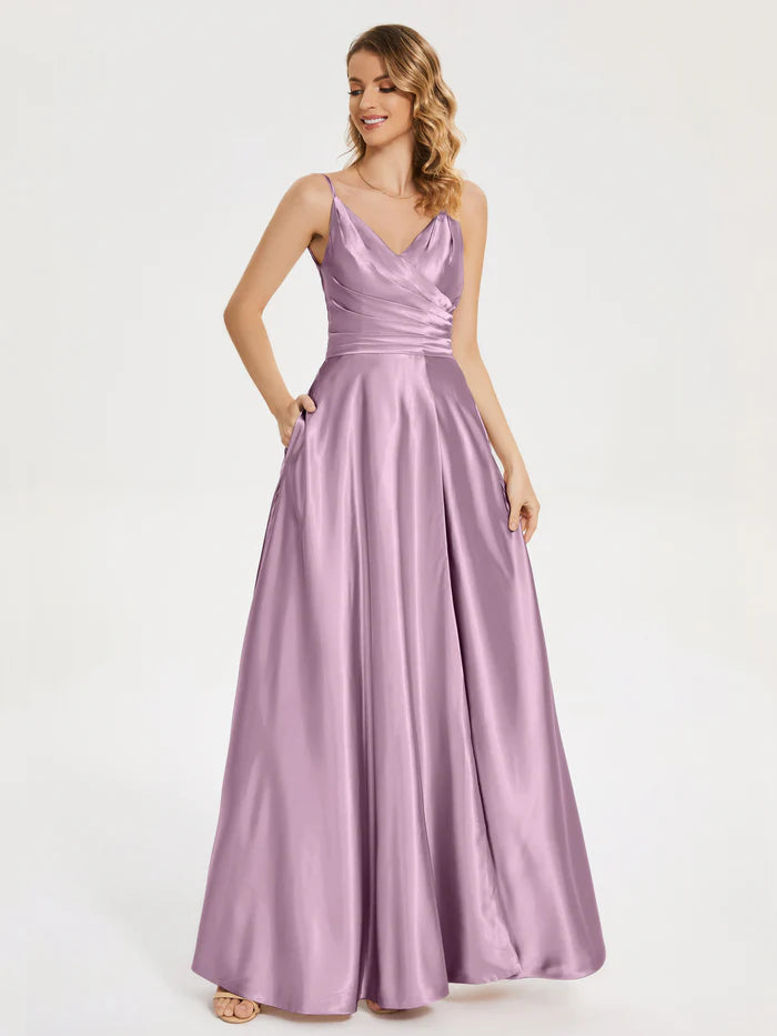 Elegant A-Line V-neck Sleeveless Lace Up Floor-Length Pleated Soft Satin Prom Dress with Slit