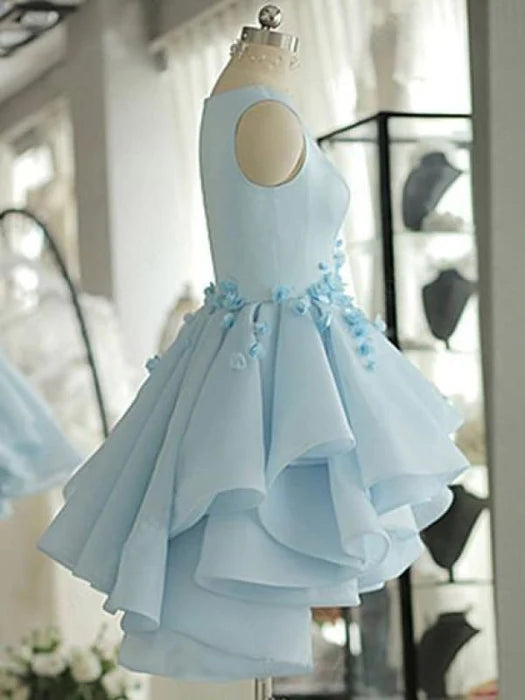 Sky Blue Homecoming A-line Satin Organza Short Flowers Original Prom Dresses Mini Dress ﻿