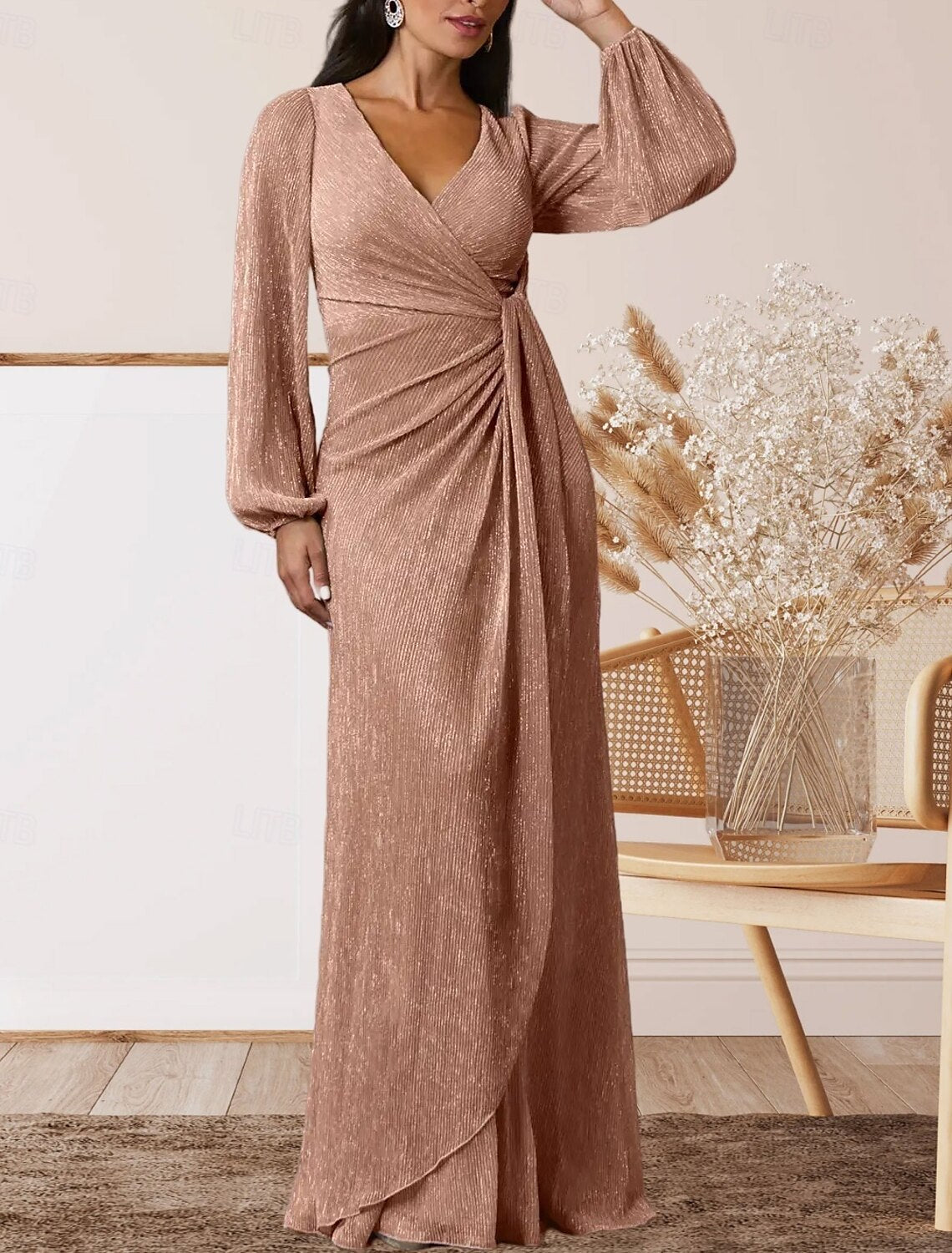A-Line Mother of the Bride Dress Wedding Guest Elegant Sweet V Neck Floor Length Chiffon Long Sleeve with Ruffles Ruching