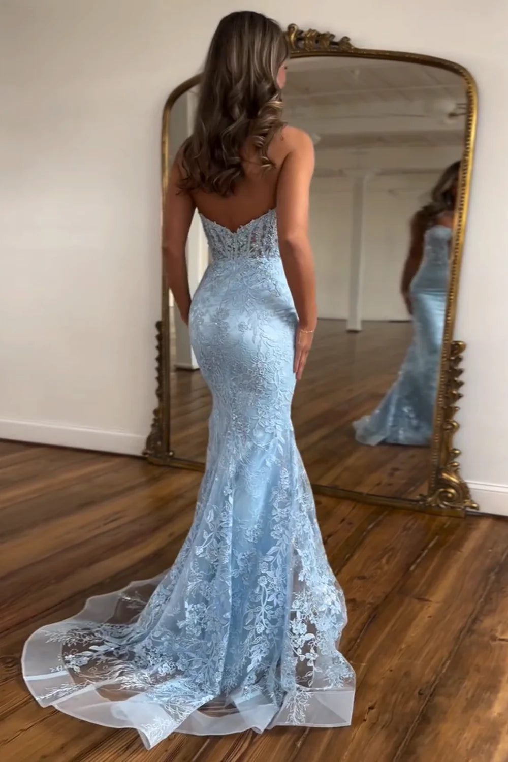 Light blue long mermaid strapless applique ball dress