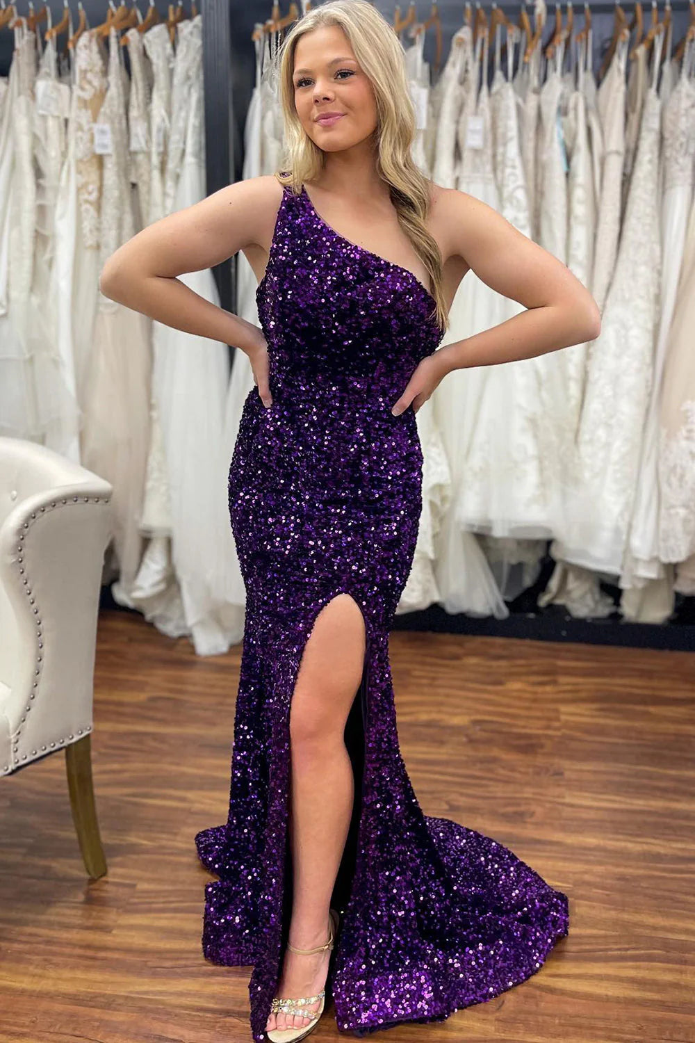 Navy Blue Single Shoulder Shiny Long Split Ball Dress