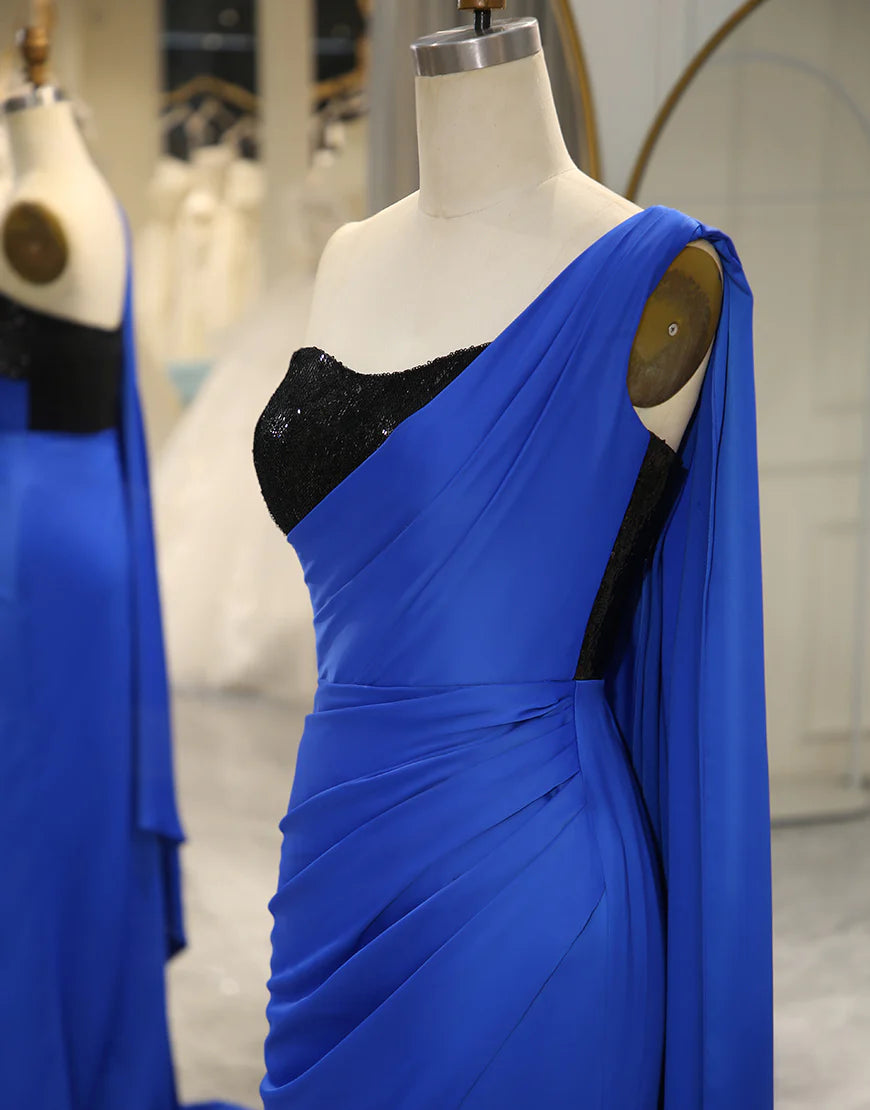 Royal Blue Mermaid One Shoulder Long Prom Dress With Split