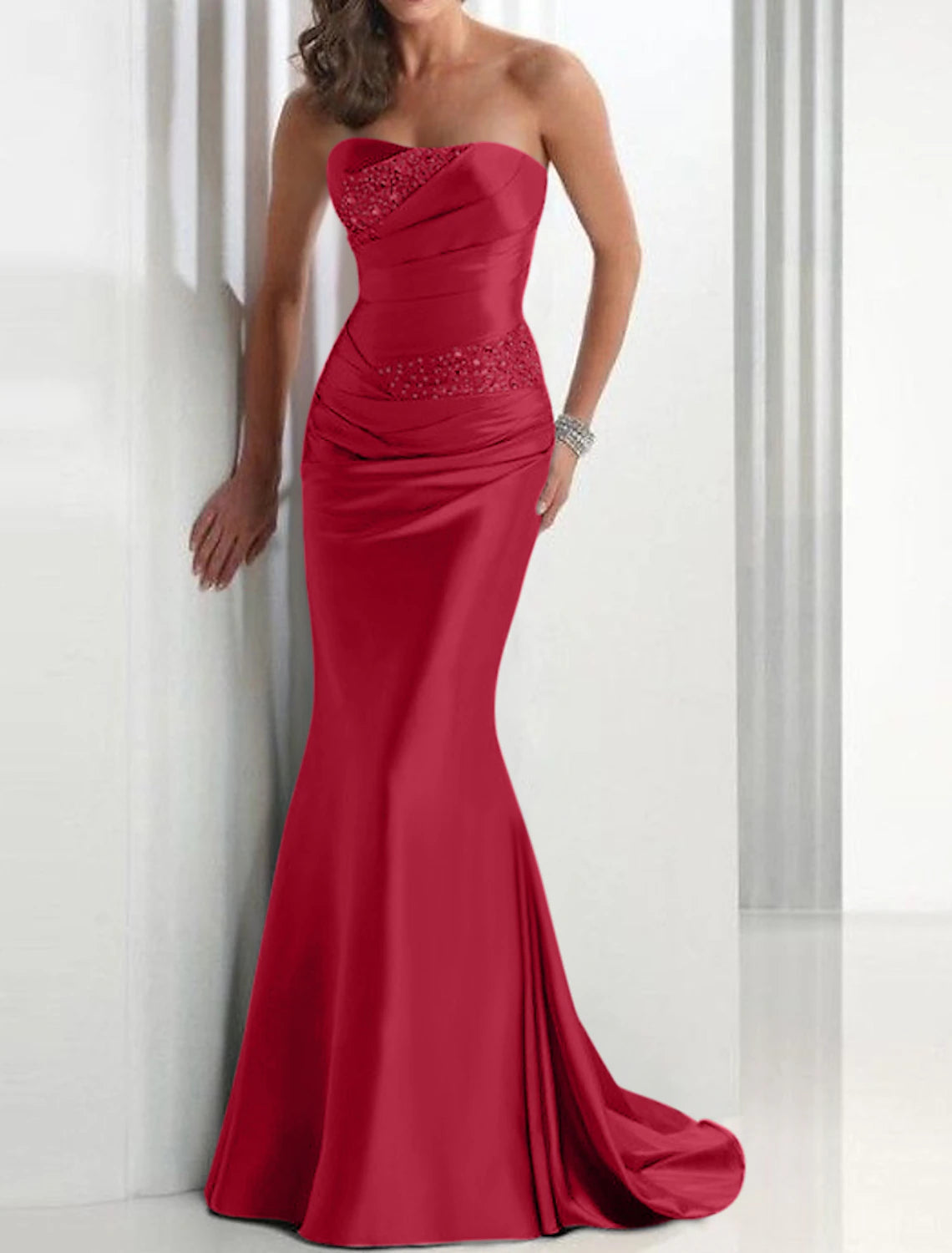 Mermaid Sequin Evening Gown Elegant Dress Wedding Guest Formal Evening Sweep / Brush Train Sleeveless Strapless Satin with Crystals Masquerade Dress dress to impress