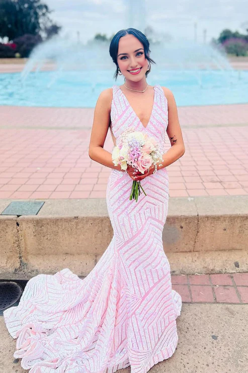 DingJiDress Light Pink Evening Dress Sequins V Neck Mermaid Long Prom Dresses