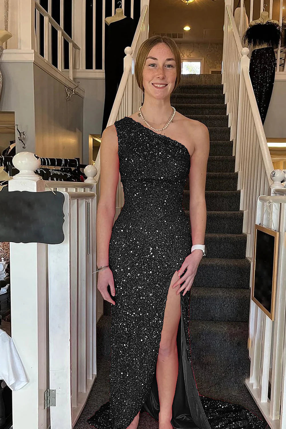 Navy Blue Single Shoulder Shiny Long Split Ball Dress