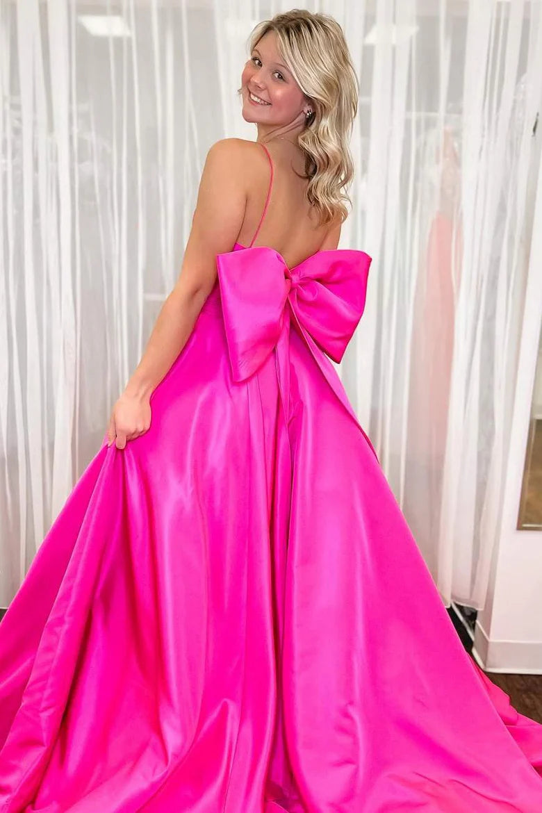 Hot Pink Spaghetti Straps A-Line Satin Long Prom Dress with Big Bow ﻿