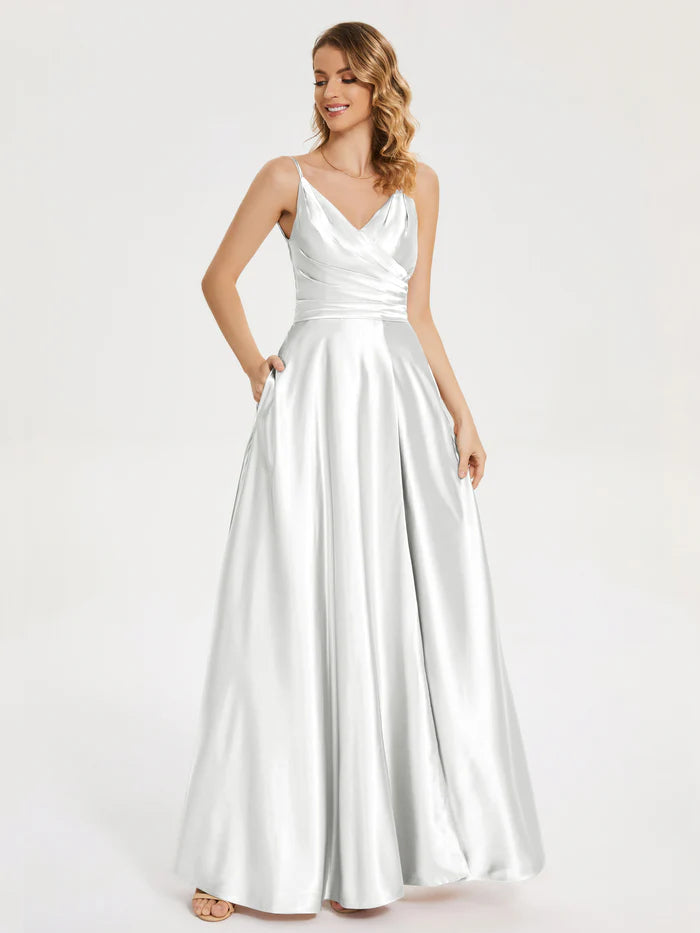 Elegant A-Line V-neck Sleeveless Lace Up Floor-Length Pleated Soft Satin Prom Dress with Slit