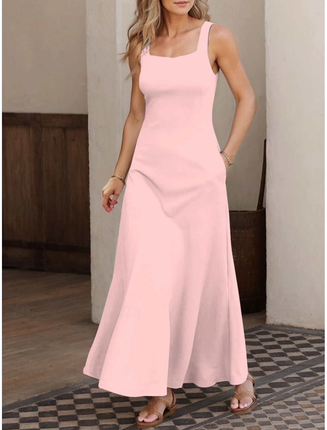 Women's Maxi Dress A Line Dress Summer Dress Off The Shoulder Dress Vacation Casual Party Date Regular Fit Solid Color Graphic Sleeveless Square Neck Black White Pink Gray Summer Spring