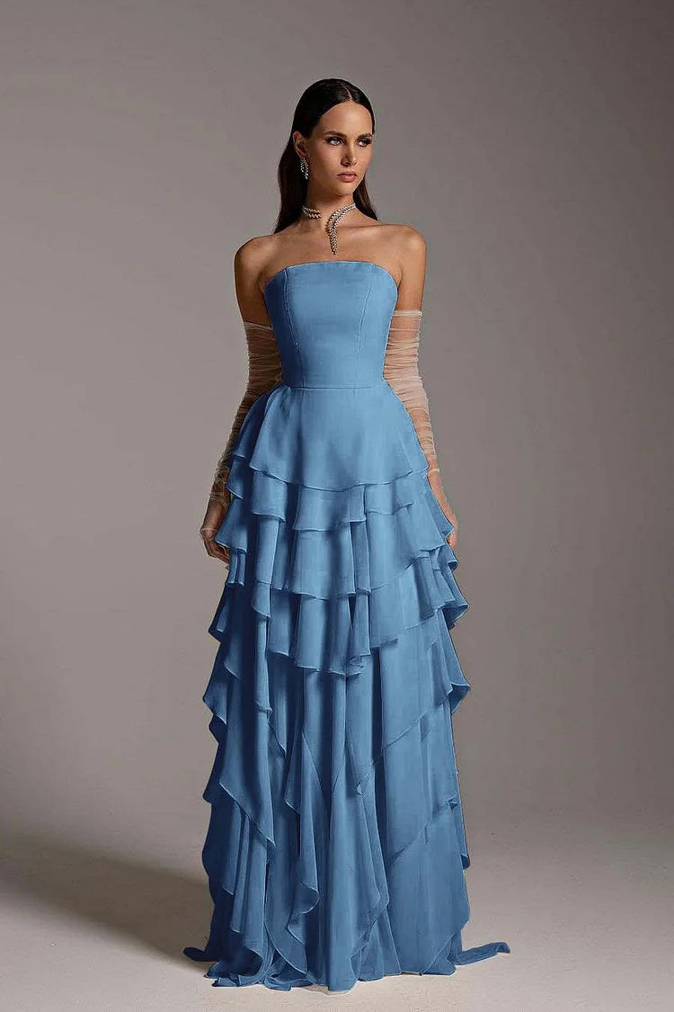 Charming Strapless Sleeveless Ruffles Long Prom Dress With