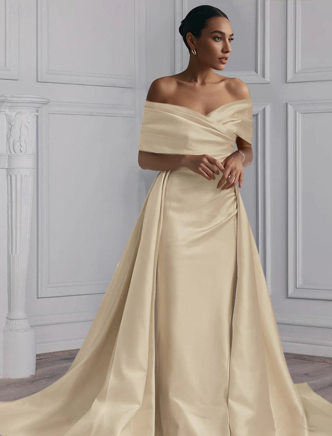 Evening Dress With Detachable Skirt Off Shoulder Elegant Pleats Drapped Formal Wedding Guest Elegant Party Floor Length Off Shoulder Sleeve Satin Solid Colour
