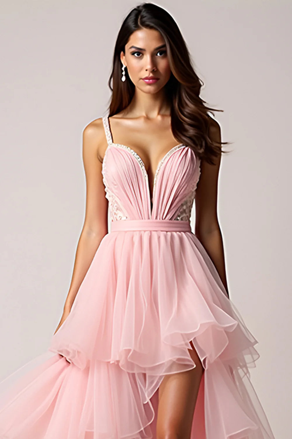 Pink chiffon beaded long asymmetrical ball dress