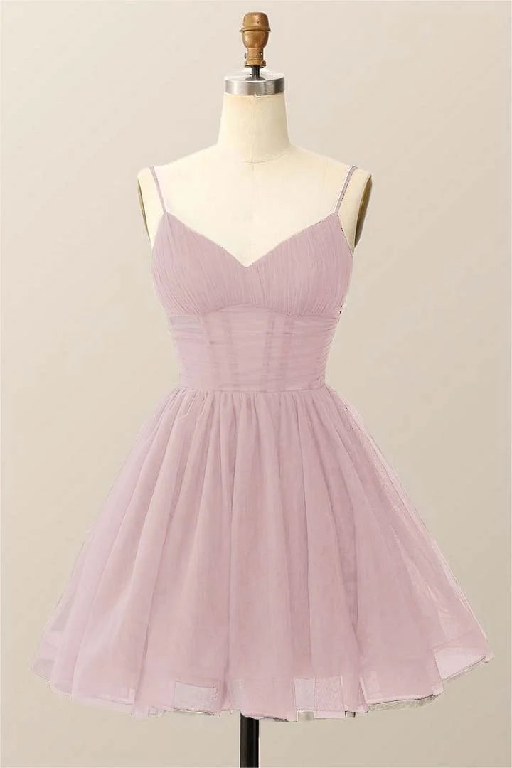 Dark Navy Tulle Spaghetti Strap Sleeveless Pleated A-Line Homecoming Dress