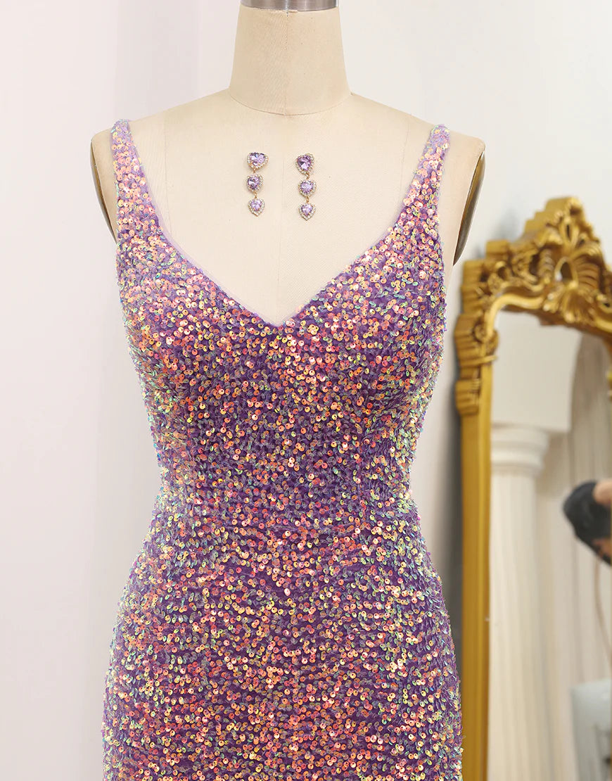 Sparkly Light Purple Lace-Up Back Sequins Long Prom Dress with Fringes