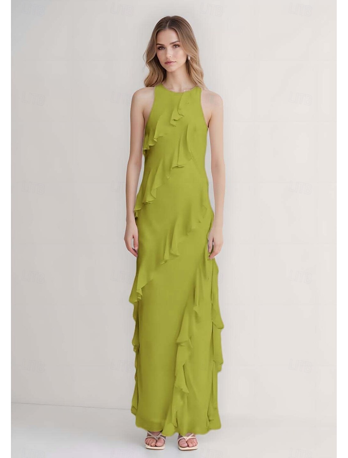 Sheath / Column Evening Gown Elegant Dress Wedding Guest Evening Party Floor Length Sleeveless Crew Neck Belt / Sash Chiffon with Ruffles