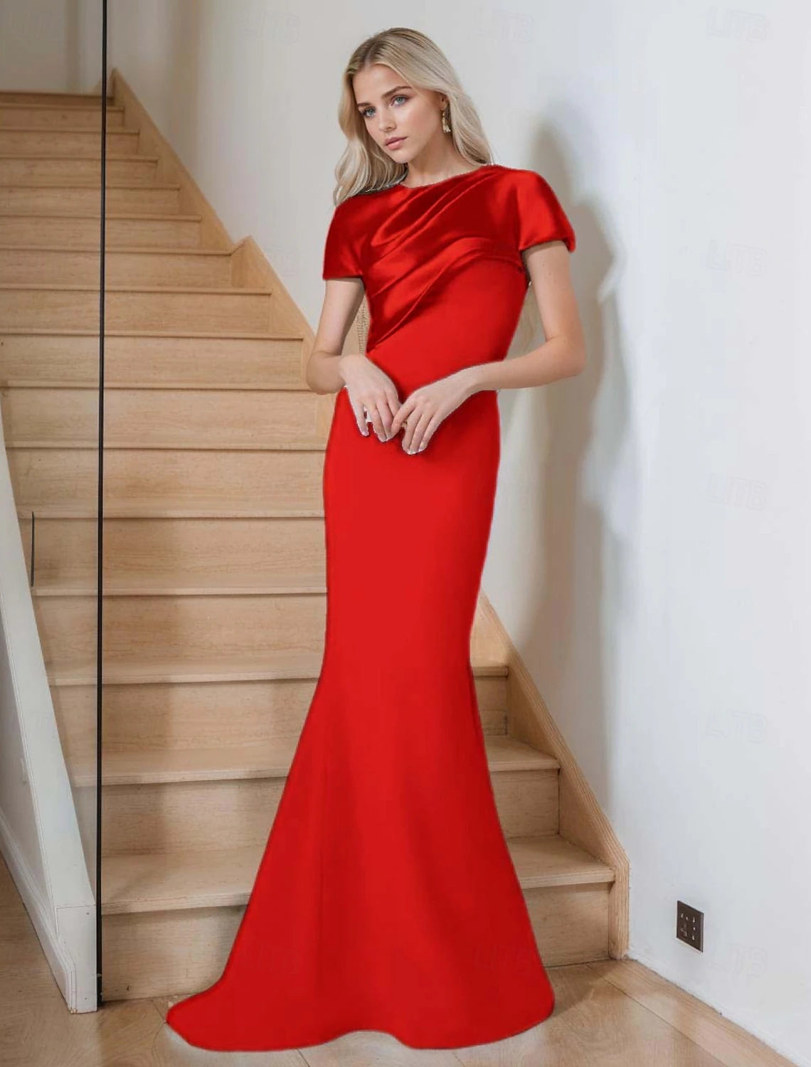 Mermaid Trumpet Evening Gown Elegant Dress Formal Evening Party Floor Length Short Sleeve Crew Neck Belt Sash Satin with Pleat