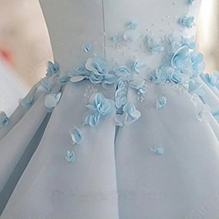 Sky Blue Homecoming A-line Satin Organza Short Flowers Original Prom Dresses Mini Dress ﻿