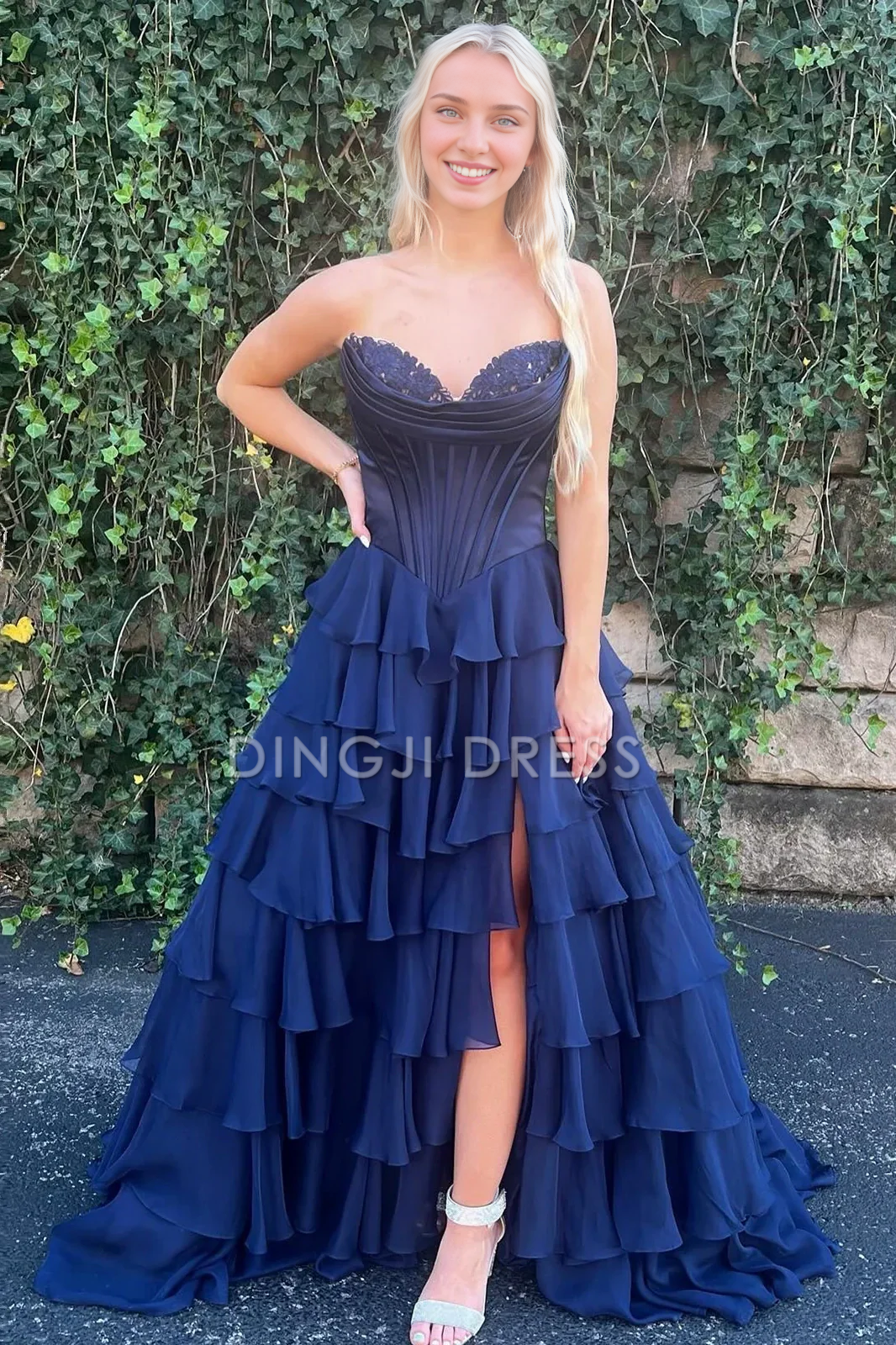 DingJiDress Lovely A-Line Sweetheart Long Tiered with Slit Fashion Prom Dress