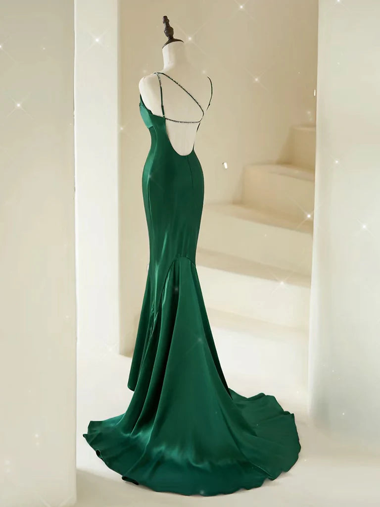 Mermaid V Neck Satin Green Long Prom Dress Green Satin Long Formal Dress