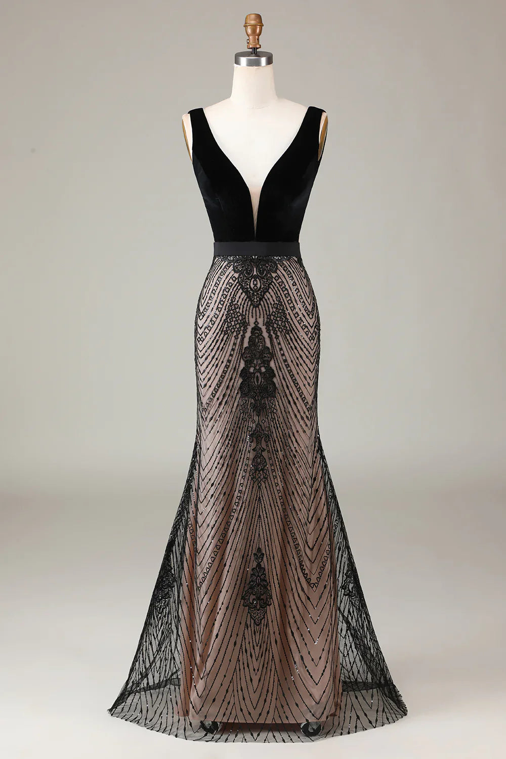 DingJiDress Mermaid Deep V Neck Black Long Prom Dress with Open Back