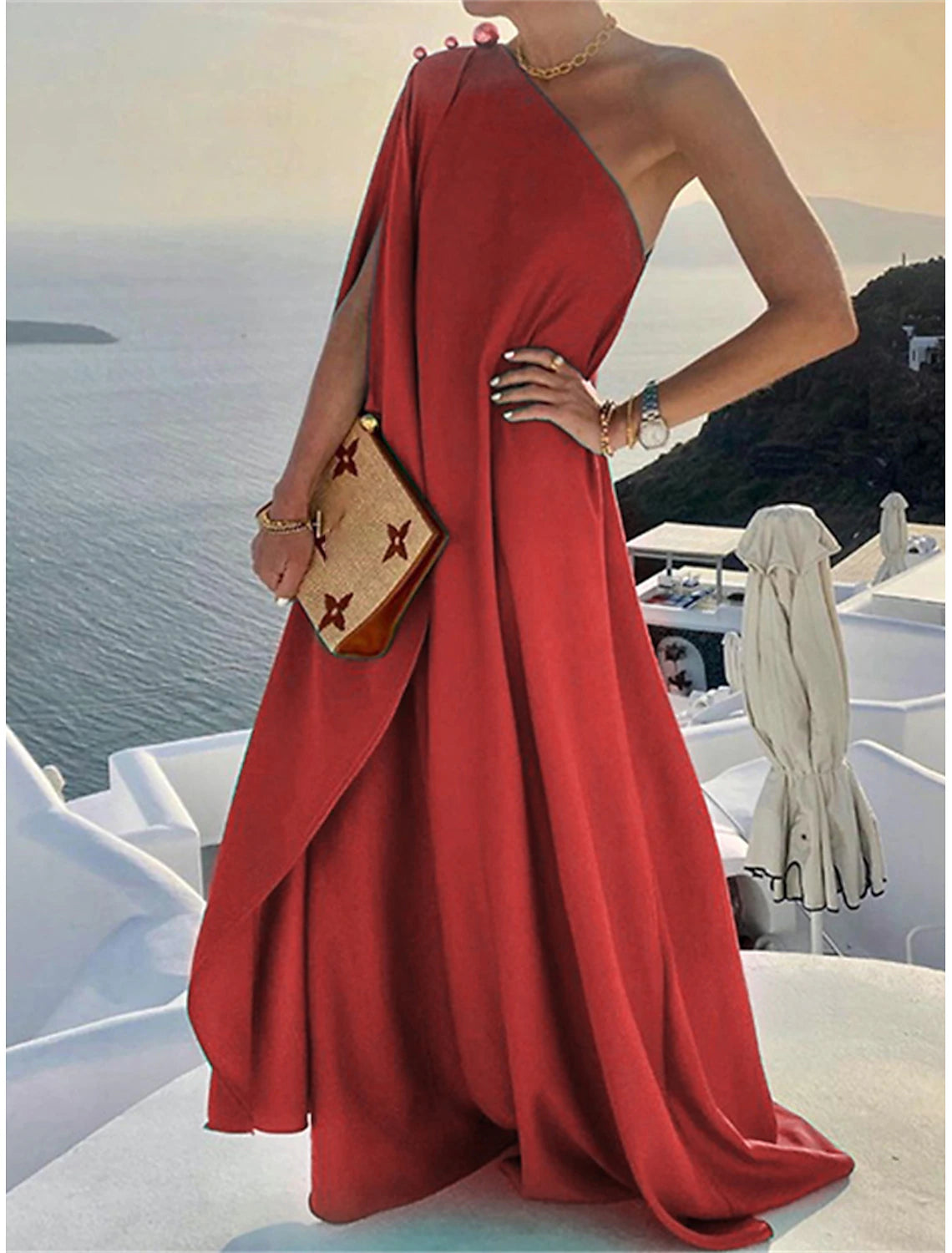 Women's Prom Dress Party Dress Wedding Guest Dress Polyester Patchwork One Shoulder 3/4 Length Sleeve Floral Vacation Wedding Guest Elegant Black Yellow Summer Spring