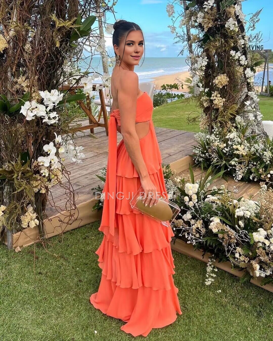 DingJiDress Strapless Sleeveless Chiffon Hollow Out Ruched Layering Elegant High Quality Prom Dress