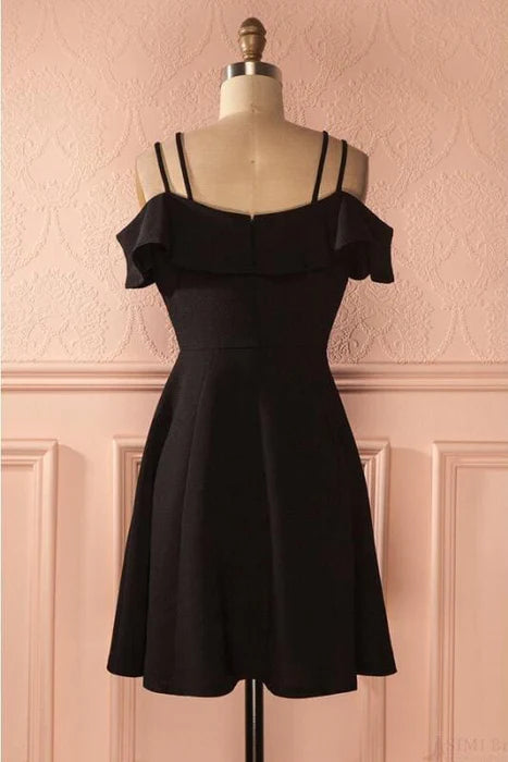 Simple Strap Black Short Satin Graduation Dresses A Line Ruched Homecoming Dress