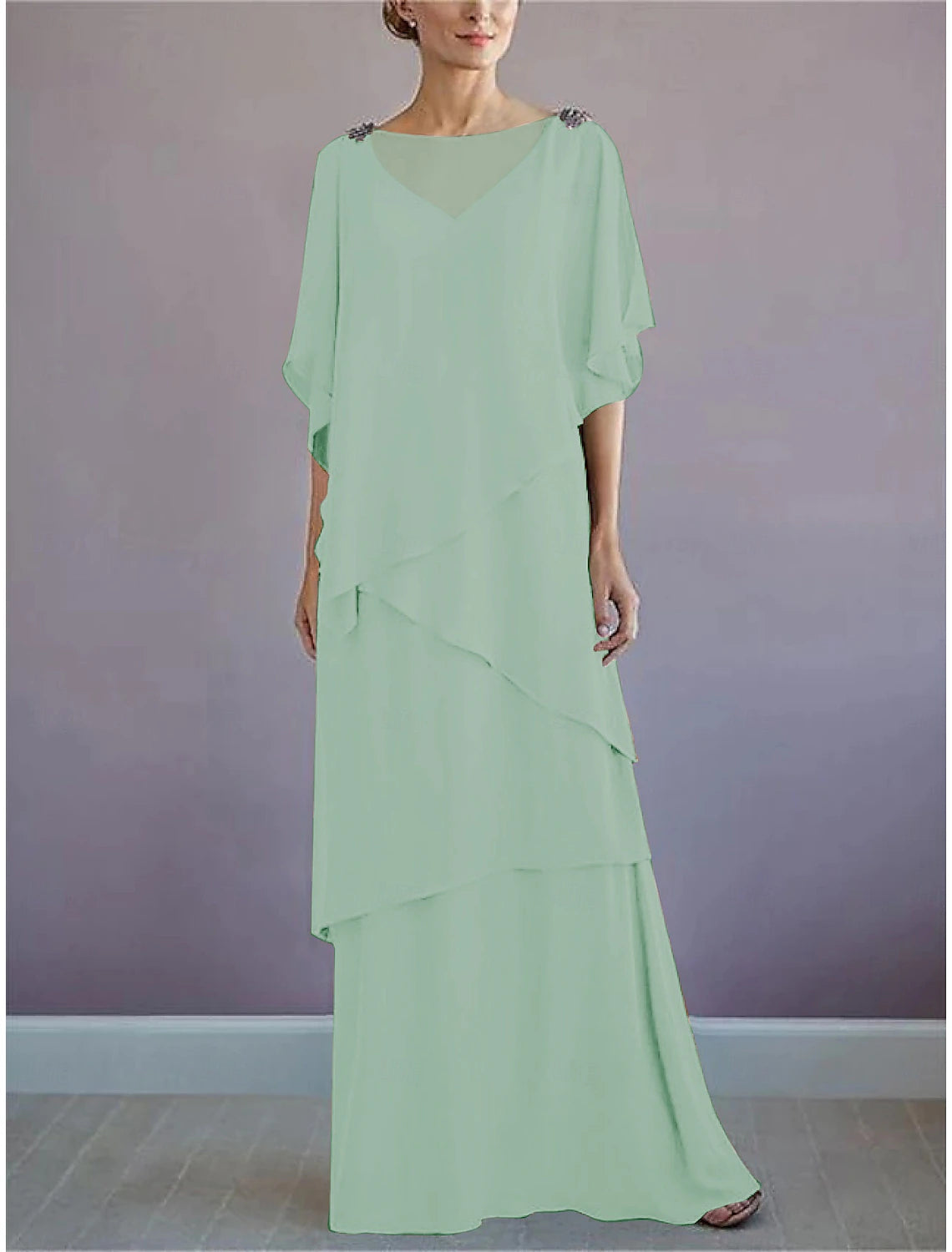 Beach Wedding A-Line Mother of the Bride Dress Formal Wedding Guest Elegant Bateau Neck Floor Length Chiffon Half Sleeve with Ruffles Draping Tier