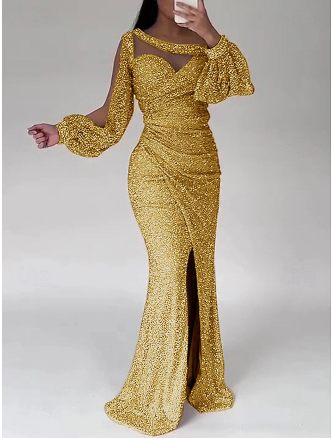 Mermaid Sequin Evening Gown Party Dress Formal Sweep / Brush Train Long Sleeve Scoop Neck with Glitter Ruched Slit Masquerade Dress