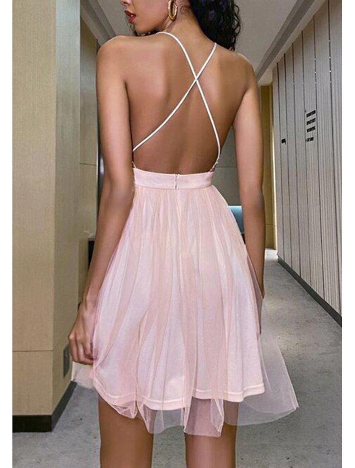 A-Line Homecoming Dresses Sparkle & Shine Dress Homecoming Graduation Short Mini Sleeveless V Neck Belt / Sash Spandex Backless with Glitter Criss Cross Sequin