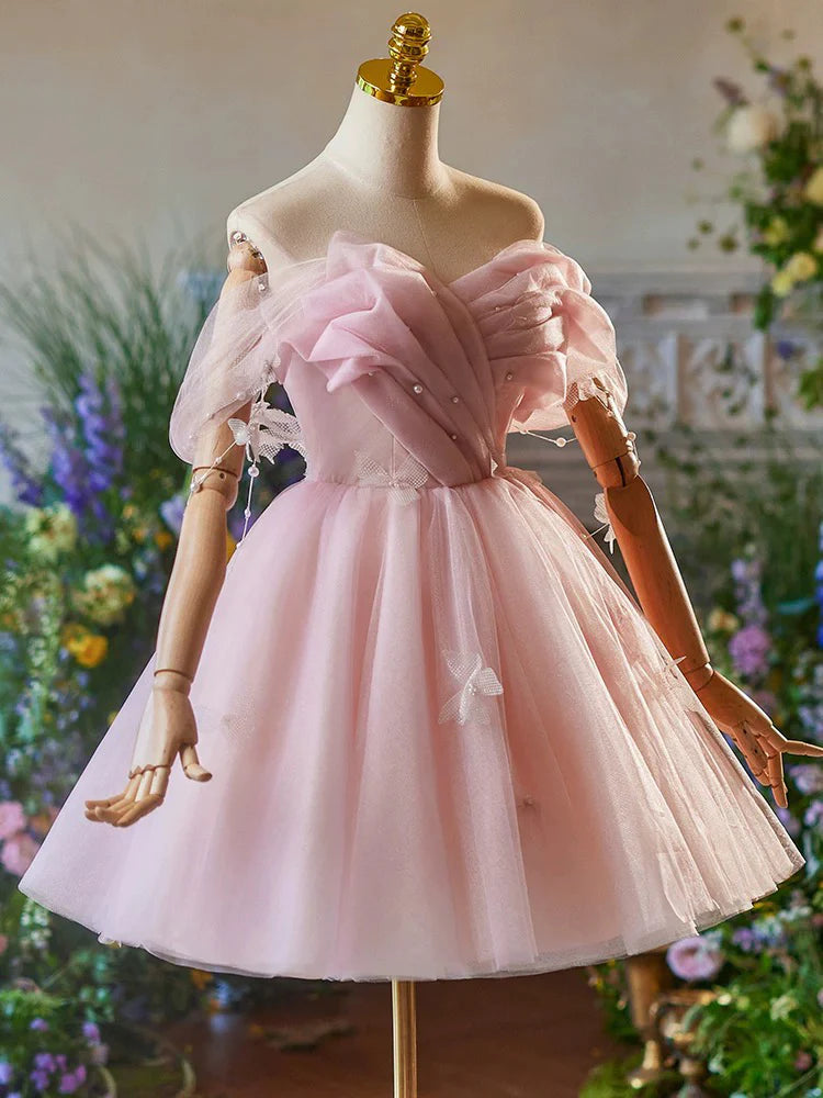 A-Line Off Shoulder Tulle Pink Short Prom Dress Pink Homecoming Dress