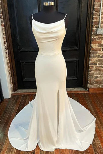 Cowl Neck Backless Mermaid Long Wedding Dress with Slit