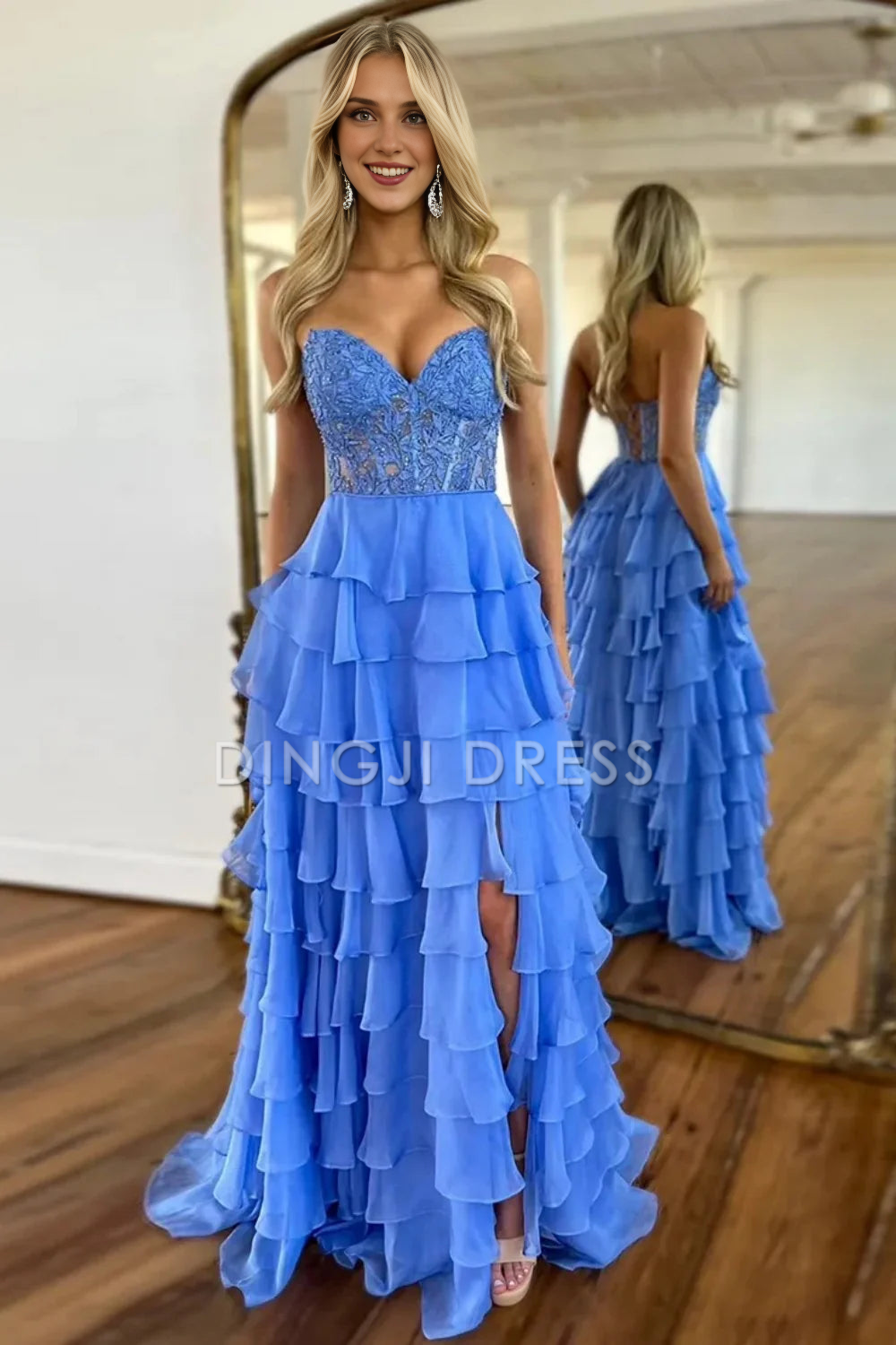 DingJiDress Elegant A-Line Sweetheart Lace And Chiffon layering With Slit Long Exquisite Prom Dress