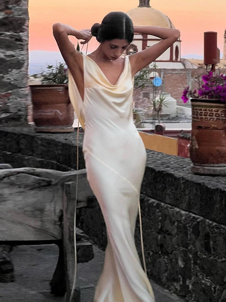 Spaghetti Strap Sexy Backless Satin Slip Maxi Dress For Women Fashion Outfits Sleeveless Gown Long Dresses Clothes