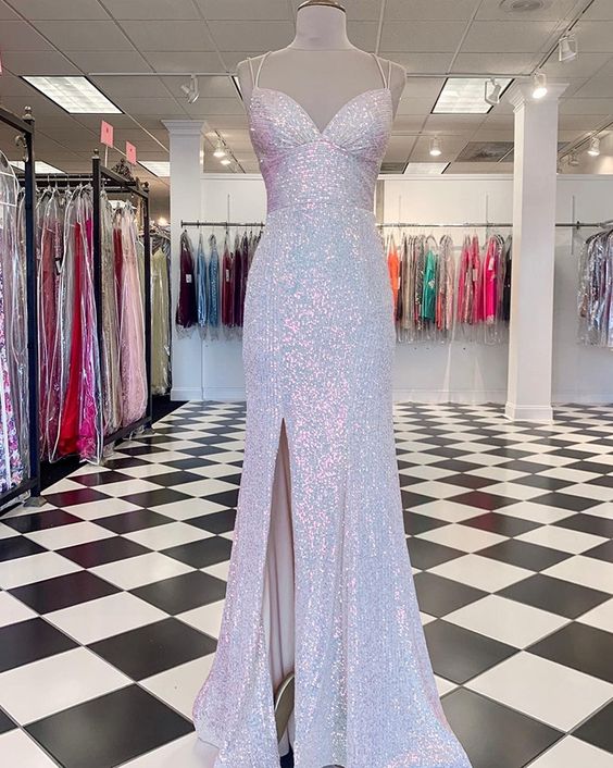 Pink lace up sequin slit shoulder strap mermaid dance dress