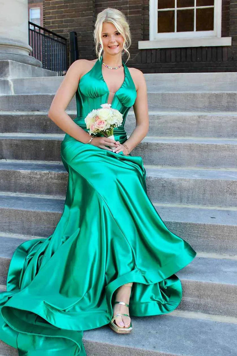 Classy Halter Deep V-Neck Satin Mermaid Prom Formal Dress with Slit