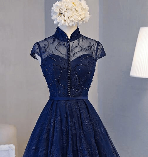 Navy Blue Lace Short Sleeve Knee-Length Homecoming DressNavy Blue Prom Dress